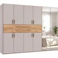Luma-home Drehtürenschrank Kleiderschrank 270 cm Beige Grau Schubladen Spiegel Eiche Artisan / 22648