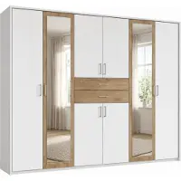 Luma-home Drehtürenschrank Kleiderschrank 273 cm Passepartout Schubkästen Spiegel Weiß und Eiche Nachbildung / 22602
