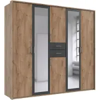 Luma-home Drehtürenschrank Kleiderschrank 228 cm Passepartout Schubkästen Spiegel Eiche Nachbildung und Grafit / 22600