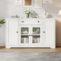 OKWISH Multifunktional Sideboard mit Schubladen und 2 Glastür,Kommode mit Rundem Griff, großzügigem Stauraum,4-Türen-Design,Weiß