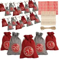 OEM Adventskalender mit 24 Jutebeuteln in farbenfrohen Stoffen - inkl. 24 Etiketten - 14cm x 10cm - Weiß/Grün