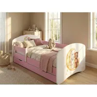 Happy Babies Kinderbett - mit Rausfallschutz Junge 140x70 Bett für Kinderzimmer mit Schublade & Matratze Einzelbett für Kinder Weiß/Rosa Hase Teddybär (Rosa)