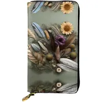 Markenlos Lange Clutch mit Federblumen und Reißverschluss, Kartenhalter für Reisen und den Alltag