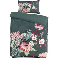 Padiro Bettwäsche-Set 2-teilig für 1 Person - 140 x 200 cm + 65 x 65 cm - Baumwollsatin - Mehrfarbig/Grün - Pfauen- und Blätter-Print