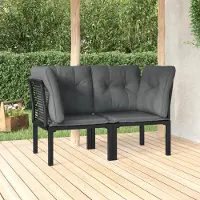 Markenlos 2 Garten-Eckstühle mit Kissen in Schwarz und Grau aus robustem Poly-Rattan und Stahl für Terrasse, Balkon und Außenbereich
