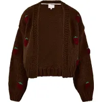 Apricot Cardigan "Grob gestrickte Strickjacke", Damen, Gr. L (40), braun, gestrickt, Obermaterial: 100% Polyester PES., gemustert, Modisch, Gerippte Ärmelbündchen, Strickjacken Cardigan, mit Erdbeeren