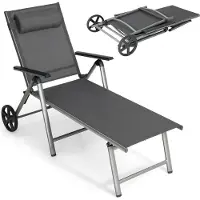 KOMFOTTEU Gartenliege mit Rollen, Klappliege aus Aluminium, Liegestuhl mit 7-Fach Verstellbarer Rückenlehne, Sonnenliege mit Abnehmbarer Kopfstütze