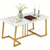 KOMFOTTEU Couchtisch in Marmoroptik, rechteckiger Wohnzimmertisch mit Metallrahmen & rutschfesten Füßen, moderner Kaffeetisch, Sofatisch für Wohnzimmer & Büro, 40kg Tragkraft, 90 x 50 x 41,5 cm, Weiß