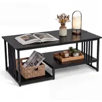 KOMFOTTEU Couchtisch, Wohnzimmertisch mit 3 Ebenen, Sofatisch Holz mit Metallrahmen, Rechteckiger Kaffeetisch, Beistelltisch mit Stauraum für Wohnzimmer, Zuhause & Büro, 110 x 60 x 45 cm (Schwarz)