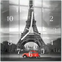Drukarnia Piga Tulup Glasuhr Wanduhr Küchenuhr Echt-Glas 30x30 cm Modern Dekorativ Geräuschlos Weiße Zeiger - Eiffelturm-Auto
