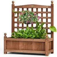 KOMFOTTEU Blumenkasten mit Rankgitter, Hochbeet mit Spalier & Ablauflöchern, Pflanzkasten aus Tannenholz, Blumenständer, Gartenspalier, Gartenbeet für Garten, Terrasse & Balkon, 64,5 x 28 x 75 cm