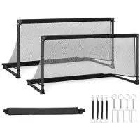 KOMFOTTEU 150 x 71 x 76 cm tragbares Fußballtor, faltbares Fussballtor mit stabilem Metallrahmen, wetterfestes PE-Netz & 4 U-förmige Erdspieße, einfache Montage, Torwand für Freizeit & Training