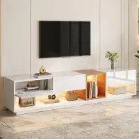 Merax Hochglanz TV-Lowboard mit LED-Beleuchtung, TV-Schrank mit App-Steuerung, Fernsehtisch mit Stauraum, offene Ablagebereich, MDF, Weiß