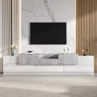 Merax Hochglanz TV-Lowboard mit Schublade und Klapptür, TV-Schrank mit Glasablage, Fernsehtisch mit Stauraum und Kabeldurchlässe, Weiß + Zementoptik