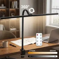 AjieQaQ 24W LED Schreibtischlampe Klemmbar mit Fernbedienung, 80cm Doppelkopf Tischlampe für Homeoffice, 2700K-6500K, 5 Helligkeitsstufen, Augenschutz Schwarz