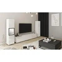 MINIO go for it , Wohnwand BRELA III, 3-teilig, TV Board mit Vitrine und Schrank, mit LED-Beleuchtung, 210 cm, Weiß / Weiß Hochglanz