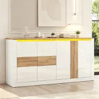 Merax Hochglanz Sideboard mit RGB LED Beleuchtung und 4 Türen, Kommode mit verstellbaren Einlegeböden aus MDF, App Sprachsteuerung, Wohnzimmer, Weiß
