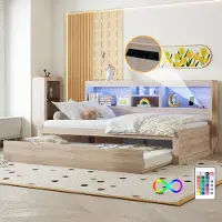 Sweiko Schlafsofa, Daybett, Tagesbett, 90x200cm , Mit LED-Leuchten, Bettseitiges Staufach, Ausziehbares Bett, Steckdose + USB, Ohne Matratze, Natur