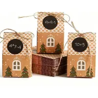 Sonstiges Adventskalender zum Befüllen, 50er Set Weihnachtshäuser, DIY Bastelset mit Zahlenaufklebern, Kraftpapier, 4,5x7x10cm