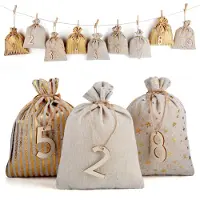 Sonstiges Adventskalender Säckchen Set 24 Stück Jute 13x18cm mit Holzschildern Glitzerdruck