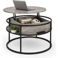 Relaxdays Couchtisch mit Stauraum, HxD: 47x80 cm, Lift-Top, MDF, Metall, Sofatisch rund, Stubentisch, hellbraun/schwarz