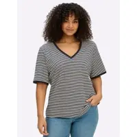 Sheego Kurzarmshirt "Shirt", Damen, Gr. 52/54, schwarz-weiß (ecru, tiefblau, geringelt), 50% Baumwolle, 50% Modal, gemustert, gestreift, V-Ausschnitt, Shirts Kurzarmshirt
