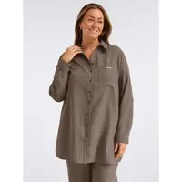 Sheego Hemdbluse , Damen, Gr. 46, braun (dunkeltaupe), 55% Leinen, 45% Viskose, unifarben, V-Ausschnitt, Blusen Hemdbluse