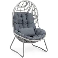 Markenlos Rattan-Ei-Sessel mit Metallgestell bis 150 kg | Korbförmiger Gartensessel mit abnehmbaren Sitz-, Rücken- und Zusatzkissen für Balkon und Garten