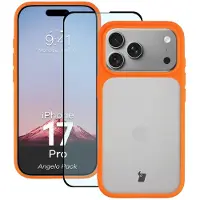 Bizon Schutzhülle + gehärtetem Glas für iPhone 17 Pro, Angelo Pack, Semitransparent mit orangefarbenem Rahmen