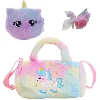 Benza Ibenzoa Einhorn-Plüsch-Schultertasche Set für Mädchen – Handtasche mit Reißverschluss, verstellbarem Trageriemen, Portemonnaie & Haarspange, Rosa