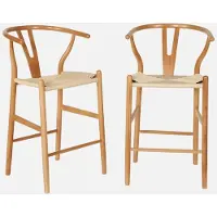 Sweeek - 2er-Set Vintage Barhocker aus Buchenholz mit Seilbespannung - Natur