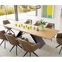 DELIFE Esstisch Edge 260x100x2,5-3 Eiche Natur V-Gestell Flachstahl Schwarz Live-Edge