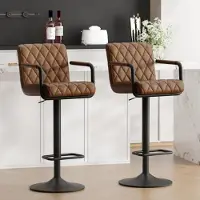 Sonstiges Barhocker 2er Set, höhenverstellbar, 360° drehbar, mit Armlehnen, Rückenlehne und Fußstütze, Kunstleder, Gelbbraun