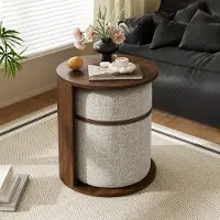 Merax Couchtisch Beistelltisch mit Hocker, Rundes Tisch-Set, Sofatisch mit integriertem Hocker, Nachttisch mit Stauraum, MDF, Holzoptik, Nussbaum