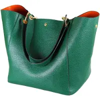 Merkloos Damen Crossbody Tote Bag aus Leder, Dunkelgrün mit Roter Innenseite