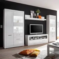 Lomadox Wohnwand Anbauwand BALVE-61 weiß Hochglanz mit Stand-Vitrine & LED, BxHxT: 335x198x45cm