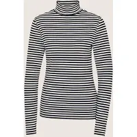 MADELEINE Langarmshirt "Shirt Ringelshirt mit Rollkragen", Damen, Gr. 46, schwarz-weiß (marine, wollweiß), Modern, tailliert, Rollkragen, Shirts Langarmshirt