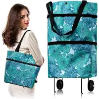 Unyqoos Ibenzoa faltbare Einkaufstasche mit Rädern – 2-in-1 Trolley aus Oxford-Stoff, blau, großes Hauptfach, Seitentaschen & leise Rollen