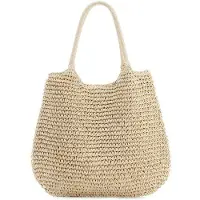 Unyqoos Ibenzoa Große Strandtasche aus natürlichem Rattan für Damen, geräumige Schultertasche 50 x 2 x 34 cm mit Polyesterfutter und Magnetverschluss