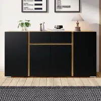 Merax Sideboard Kommode mit 4 Türen und 2 Schubladen, Wohnzimmerschrank aus MDF, verstellbare Einlegeböden, Aufbewahrungsschrank mit Stauraum, Schwarz