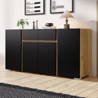 MODFU Sideboard 140 x 35 x 70 cm, Kommode mit 4 Türen und 2 Schubladen, Aufbewahrungsschrank mit verstellbaren Einlegeböden, Buffetschrank aus MDF,Schwarz + Natur
