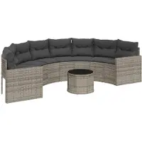 vidaXL Gartensofa mit Tisch und Kissen Halbrund Grau Poly Rattan