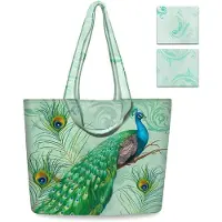 Unyqoos Ibenzoa Große wiederverwendbare Einkaufstaschen 2er-Set – Polyester-Tragetaschen mit Pfauenmuster, 45×35×9 cm, faltbar, doppelt genäht, tragfähig über 22 kg