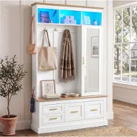 OKWISH Garderobensets mit Spiegel und LED, Kompaktgarderobe mit Sitzbank und Kleiderhaken, Flurschrank mit offenen Fächern, Weiß