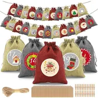 Sonstiges Adventskalender zum Befüllen 2026 Kinder 24 Jutesäckchen 18x13cm Rot Beige Grau