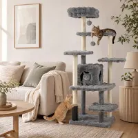 Costway Kratzbaum, 170cm Katzenkratzbaum mit Katzenhöhle, Liegefläche, Plattformen, Kratzsäulen aus Sisal, Katzenbürste & 2 Plüschbällen, Katzenbaum