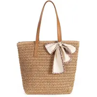 Unyqoos Ibenzoa Damen Strohtasche – handgewebte Sommertasche mit Seidenband, großes Innenfach und pflegeleichtes Futter, ideal für Strand & Alltag
