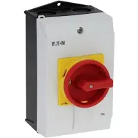 Eaton 199911 Hauptschalter, P1, 40 A, Aufbau, 3-polig + N, NOT-AUS-Funktion, mit rotem Drehgriff und gelbem Sperrkranz, abschließbar in 0-Stellung
