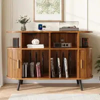 Merax HiFi-Schrank Sideboard mit Schiebetüren, Plattenschrank mit Plattenhaltern, Kommode mit Ladestation und Kabeldurchlass, MDF, Nussbaum