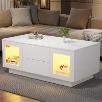 Merax Couchtisch Wohnzimmertisch mit 2 Schubladen und 2 Schränken, Sofatisch mit LED per App- & Sprachsteuerung, Beistelltisch aus MDF, Weiß